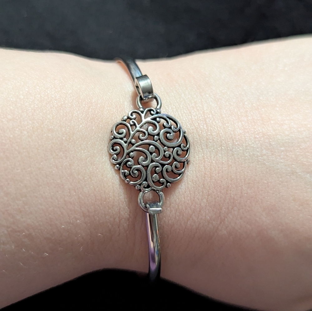 Silver Tone Swirl Mandala Hinged Cuff Bangle Statement Bracelet